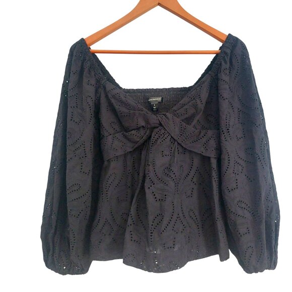 Banana Republic Puffy Sleeve Black Top Small Deep V Neck Flirty Cotton Like New - Picture 2 of 13